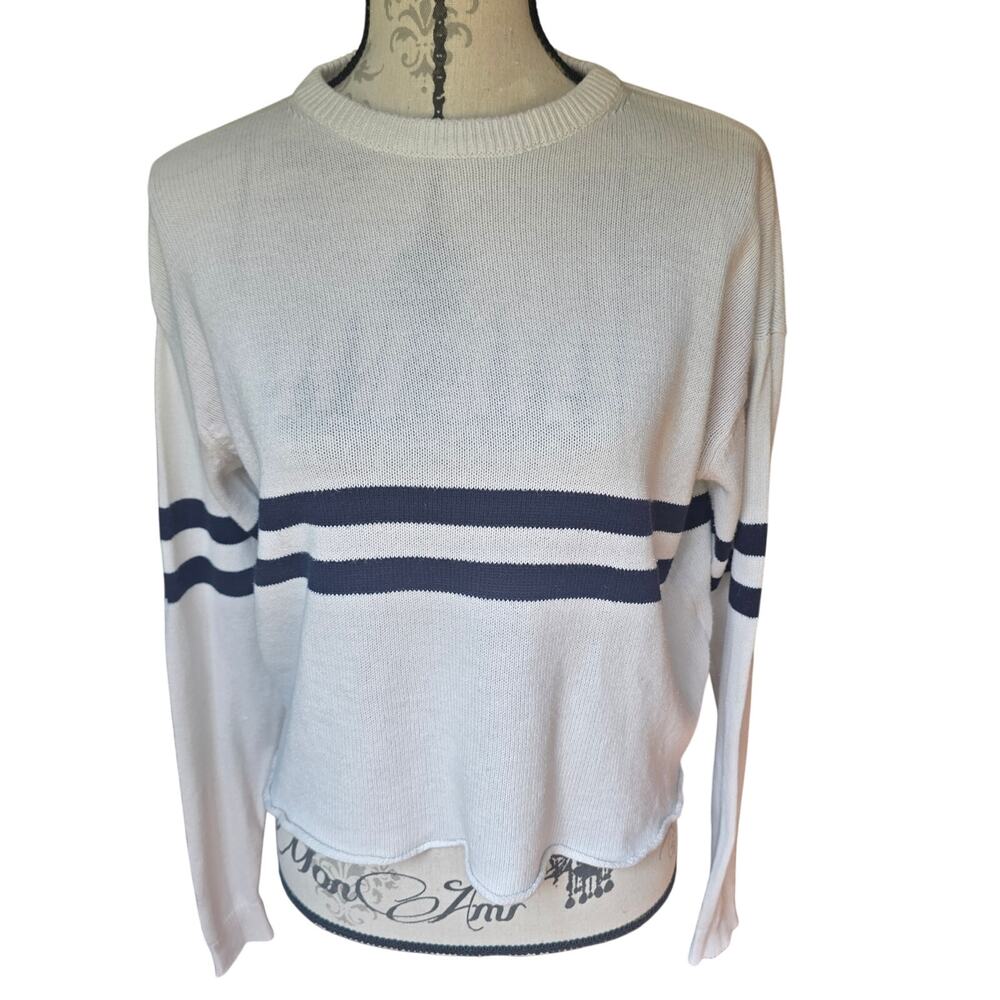 Brandy Melville White Navy Blue Striped Cropped Sweater Size Small